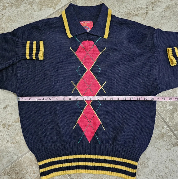Esprit Sport M 80s Navy Yellow Argyle Wool Collared Sweater Preppy Collegiate - Picture 6 of 7